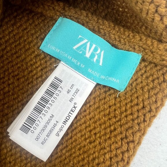 Zara Beanie M Medium 100% Wool Hat Brown Mustard Yellow Cozy Warm - Picture 4 of 9